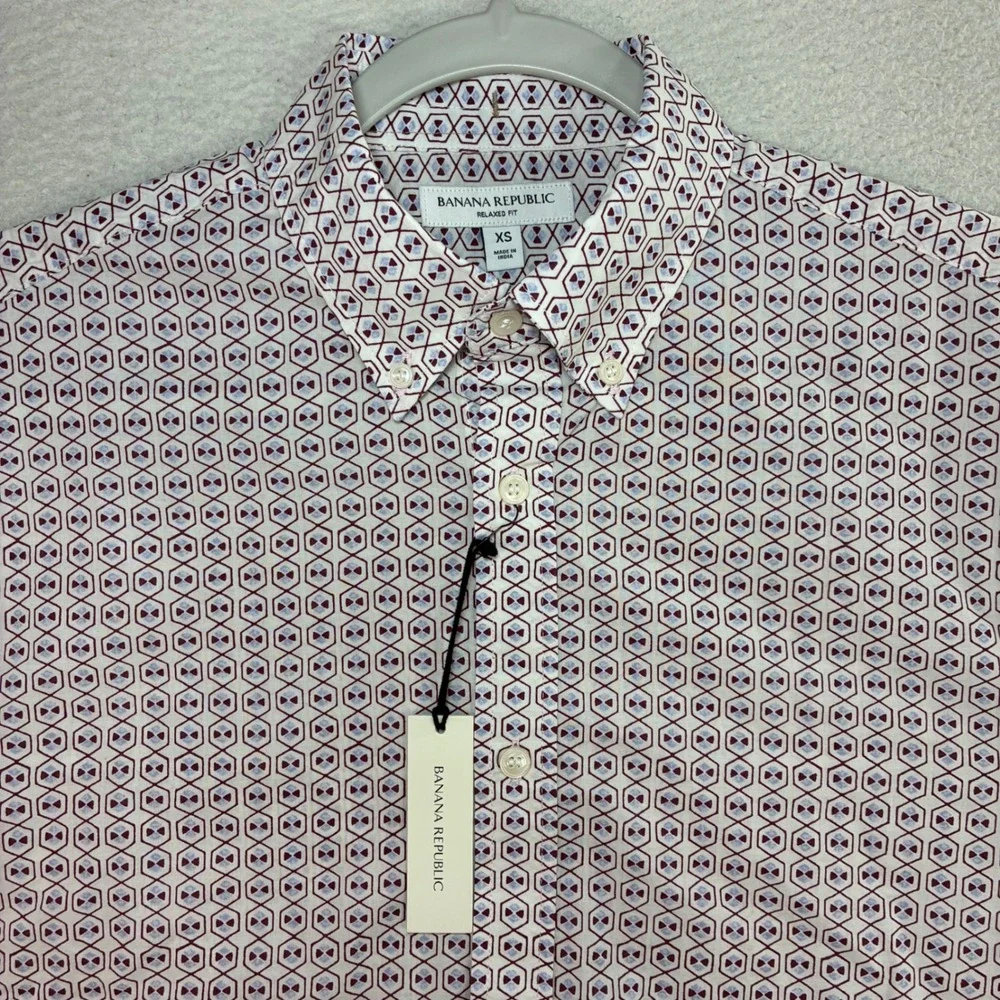 Banana Republic Button Shirt Men XS White AOP Geometric Cotton Relaxed Short NWT